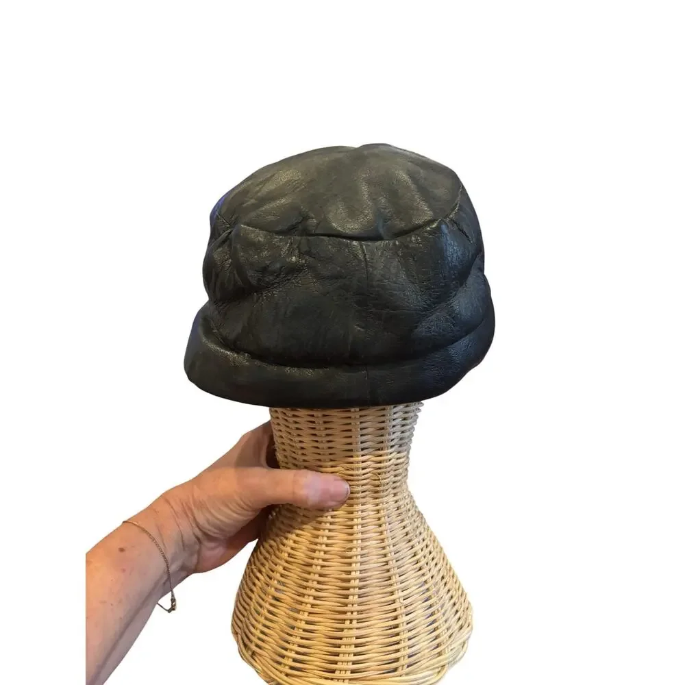 Vintage Black Leather Bucket Hat Women’s Small Soft Genuine Leather Minimalist